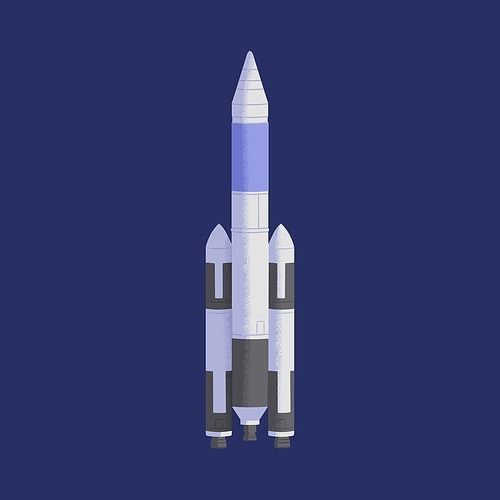 Rocket flying in space. Isolated futuristic rocketship or spaceship during spaceflight. Flight of intergalactic shuttle. Spacewalk of spacecraft. Colored flat vector illustration of cosmic transport.
