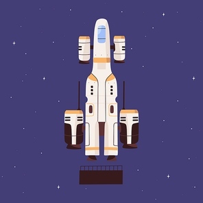 Futuristic spaceship flying in outer space. Intergalactic spacecraft on sky and stars background. Spaceflight of cosmic shuttle. Colored flat vector illustration of universe traveling.
