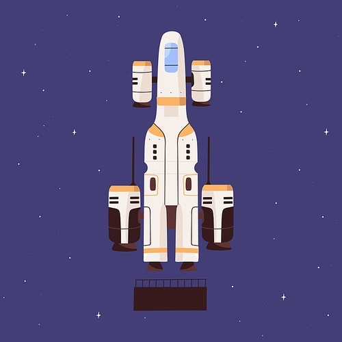 Futuristic spaceship flying in outer space. Intergalactic spacecraft on sky and stars background. Spaceflight of cosmic shuttle. Colored flat vector illustration of universe traveling.