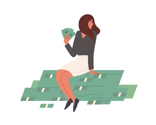 Happy rich woman sitting on stack of money with cash in hands. Young millionaire on dollar heap. Wealth, abundance and richness concept. Colored flat vector illustration isolated on white .