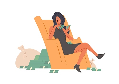 Happy rich and wealthy woman counting cash. Young lady with money stacks and bags. Wealth, abundance, richness, and prosperity concept. Colored flat vector illustration isolated on white .