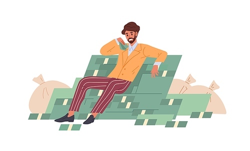 Rich successful businessman sitting on money pile and bags stuffed with cash. Young millionaire with dollars. Wealth concept. Colored flat graphic vector illustration isolated on white .