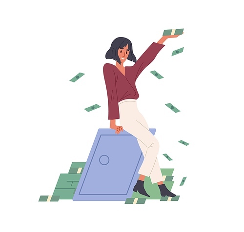 Happy rich woman throwing money, making cash rain. Millionaire near metal safe box with savings. Financial success concept. Colored flat graphic vector illustration isolated on white .