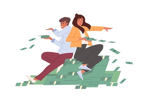 Rich wealthy careless people on bucks heap throwing cash and wasting money. Abundance and prosperity concept. Colored flat vector illustration of carefree millionaires isolated on white .