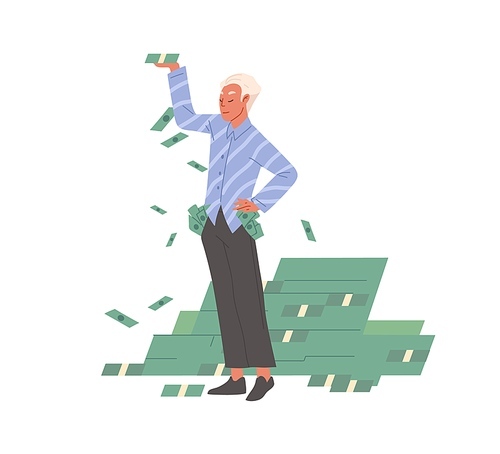 Rich confident businessman holding cash, proud of financial success. Successful man and money stacks. Wealth concept. Colored flat vector illustration of millionaire isolated on white .