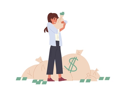 Happy rich person holding bag stuffed with money. Young woman with her savings in moneybag. Wealth and prosperity concept. Colored flat vector illustration isolated on white .