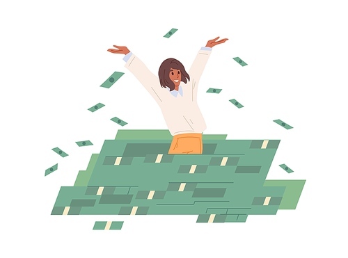 Rich carefree woman throwing money in air, standing in cash heap. Successful wealthy businesswoman. Financial success concept. Colored flat vector illustration isolated on white .
