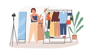 fashion viogger recording video for her vlog, showing stylish trendy clothing. stylist presenting modern garments to camera on tripod. colored flat vector illustration isolated on white .