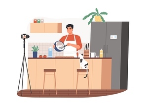 food viogger cooking meal and recording video in front of camera. man in kitchen showing recipe in his vlog. online class from chef. colored flat vector illustration isolated on white background.