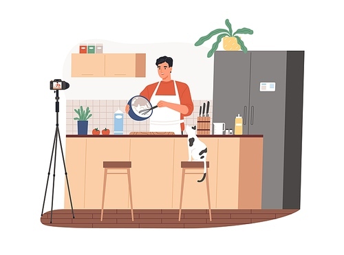 food viogger cooking meal and recording video in front of camera. man in kitchen showing recipe in his vlog. online class from chef. colored flat vector illustration isolated on white .