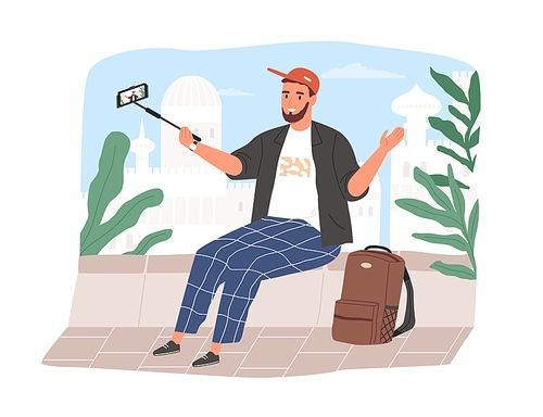 travel viogger speaking to phone camera on selfie stick for his lifestyle vlog. vlogger recording video for social media. colored flat vector illustration of influencer isolated on white .