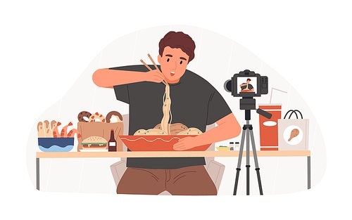 viogger recording mukbang video for entertainment vlog, eating asian food in front of camera. vlogger creating content for his channel. colored flat vector illustration isolated on white .