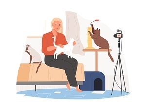 vet .ger sitting in front of camera with cats and recording video viog about animals, pets. zoopsychologist creating content for vlog. colored flat vector illustration isolated on white .