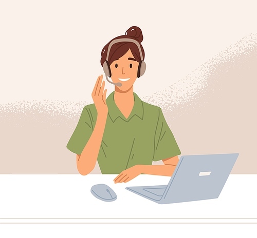 Operator of call center in headset consulting clients online. Worker of hotline service working at desk with laptop. Colored flat vector illustration of agent in customer support department.
