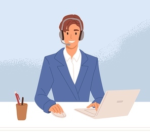 Smiling operator of call center in headset consulting customers online. Support agent working at helpline service. Colored flat vector illustration of business consultant at workplace.