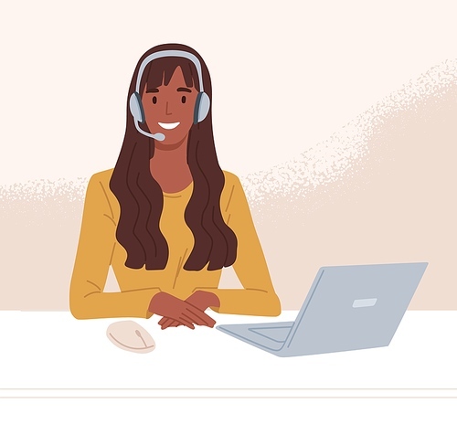 Operator of call center in headset consulting customers online. Worker of helpline service working at desk with laptop. Colored flat vector illustration of agent in technical support department.
