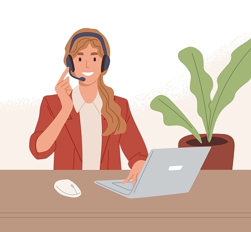 Operator of call center working online with laptop and headset. Manager of customer support service consulting clients through internet. Colored flat vector illustration of digital helpdesk.
