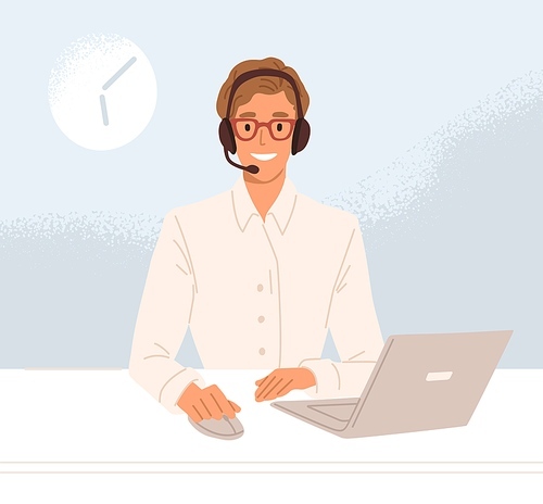 Operator of call center in headset working at workplace and consulting customers online. Smiling worker of hotline service. Colored flat vector illustration of agent in technical support department.