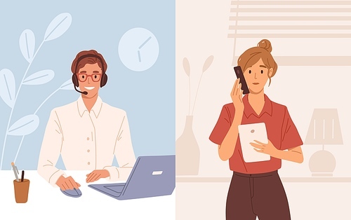 Woman with phone calling to customer support service. Operator of online consulting center during consultation with client. Colored flat vector illustration of online helpdesk or hotline.