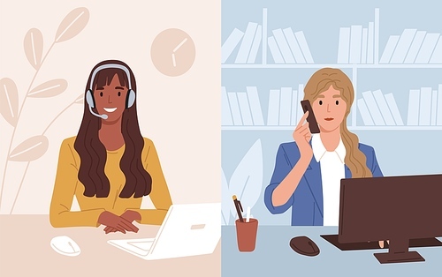 Businesswoman at workplace talking to assistant of call center. Operator of customer support service consulting client online. Colored flat vector illustration of online helpline or hotline.