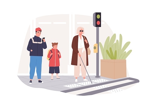 blind person in glasses with cane stick crossing street at crosswalk. modern city infrastructure for disabled people inclusion. colored flat vector illustration of . woman isolated on white.