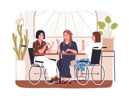 Disabled people in cafe. Concept of wheelchair users inclusion. Diverse friends chatting at table in coffee shop. Young modern women in wheel chair. Flat vector illustration isolated on white.
