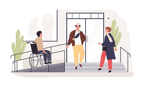 person on wheel chair moving to accessible building entrance with ramp. .-friendly city environment. disabled people inclusion concept. flat vector illustration isolated on white .