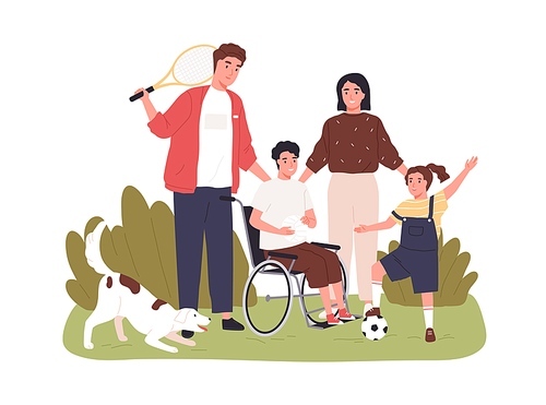 Child on wheelchair together with his family. Sports activities for disabled people inclusion. Handicapped boy on wheel chair. Colored flat vector illustration isolated on white .