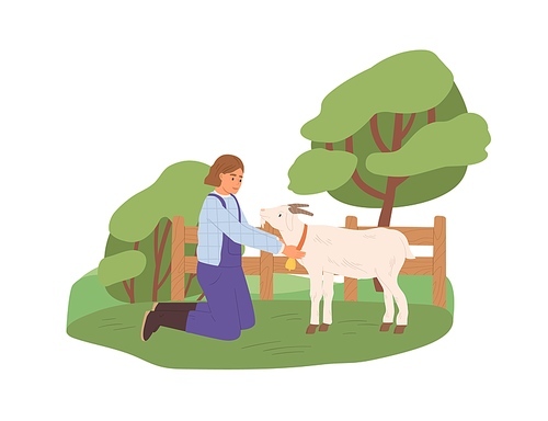 Female farmer with goat on yard. Happy woman in uniform and domestic animal on farm in summer. Rural lifestyle. Stock raising in nature. Flat vector illustration isolated on white .