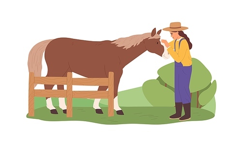 Happy female farmer caressing friendly horse on farm in summer. Young woman and domestic animal in village. Colored flat vector illustration isolated on white .