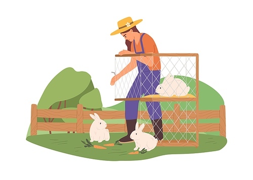 Young female farmer feeding rabbits with carrot. Woman in overall care about bunnies in cage. Animal breeding. Flat vector illustration of person and domestic hares isolated on white .