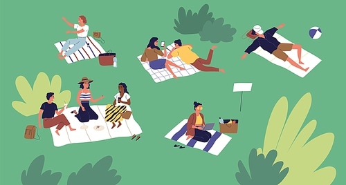 Diverse people spending time at summer park vector flat illustration. Man and woman talking, lying and sitting on plaid, sleeping, eating and working on laptop. Leisure activity at relaxed place.