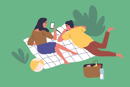 Young couple lying on blanket in park together and enjoying summer picnic. Scene of recreation and leisure outdoors. Flat vector cartoon illustration of cute family relaxing and reading.