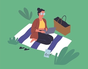 Happy young woman sitting on blanket in park and surfing internet. Freelancer working on laptop outdoors. Scene of summer recreation and remote work. Flat vector cartoon illustration.