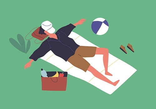 Relaxed man sleeping in the park with cap covering face vector flat illustration. Male resting outdoors lying on blanket on green grass. Guy asleep after picnic enjoy summer recreation.