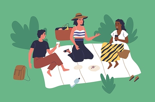 Happy young friends sitting on blanket in park and chatting. Scene of summer picnic and recreation outdoors. Women and man spend time together talking. Flat vector cartoon illustration.