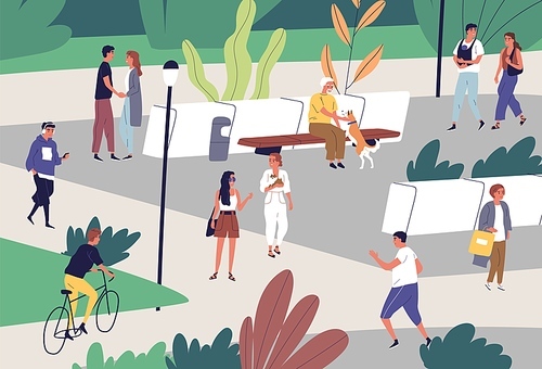People spend time at public place with baby and dogs. Family couple walking, elderly man playing with pet. Flat vector cartoon illustration of summer recreation in city park with bench and bushes.