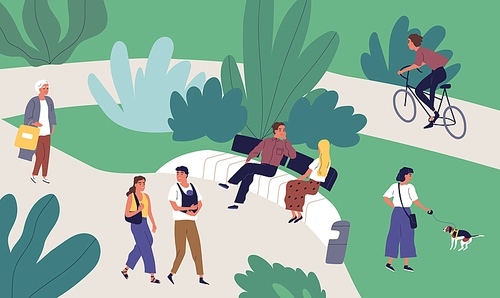 Relaxed tiny people enjoying summer outdoor recreational activity vector flat illustration. Man, woman, couple and family walking, talking, riding bicycle, spending time together at urban park.