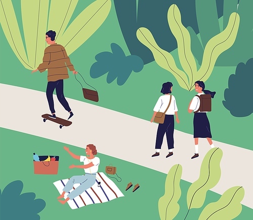 Happy young people spend time at city park in summer. Man skateboarding outdoors, woman having picnic, schoolgirls walking together. Flat vector cartoon illustration of public recreation area.
