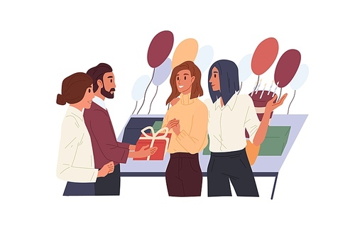 Happy people celebrating colleague's birthday at corporate office party with balloons and cake. Team of workers presenting gift to woman. Colored flat vector illustration isolated on white .