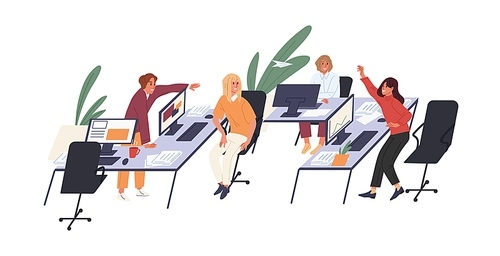 People having fun and entertaining in office during break. Colleagues playing with paper plane at workplace. Colored flat vector illustration of employees at desks isolated on white .
