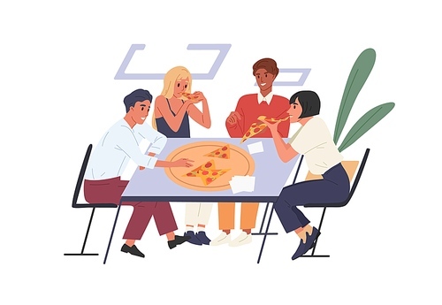 People eating pizza at desk during collective office lunch. Happy colleagues sitting at dining table. Employees resting together during break. Colored flat vector illustration isolated on white.