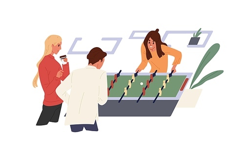 Happy people playing game in office. Colleagues spending time together at foosball or soccer table. Corporate entertainment concept. Colored flat vector illustration isolated on white .