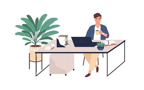 Happy young man working with laptop at desk, holding cup of coffee. Office worker at modern workplace with plants. Colored flat vector illustration of positive employee isolated on white .