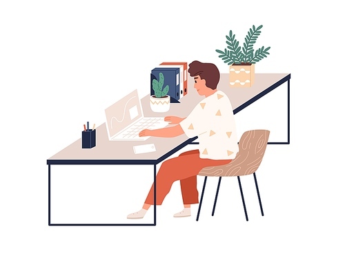 Young happy man working with laptop at desk. Office worker sitting on chair at table. Scene with employee at modern workplace with plants. Colored flat vector illustration isolated on white .
