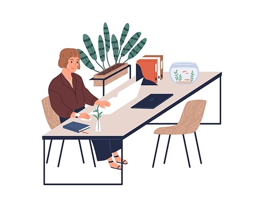 Happy young female worker working with laptop at desk in modern cozy office with plants and aquarium. Woman at comfortable workplace. Colored flat vector illustration isolated on white .