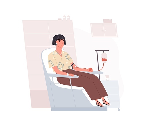 Young donor sitting in chair during blood donation process. Happy volunteer donating whole blood in modern hospital. Colored flat vector illustration isolated on white .