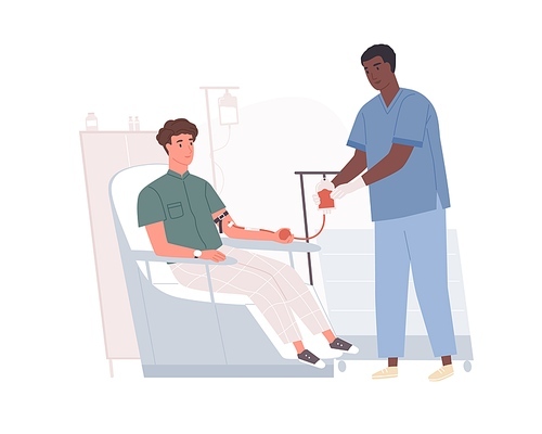 Doctor collecting blood from volunteer sitting in chair. Donor during donating procedure in hospital. Completion of donation process. Colored flat vector illustration isolated on white .