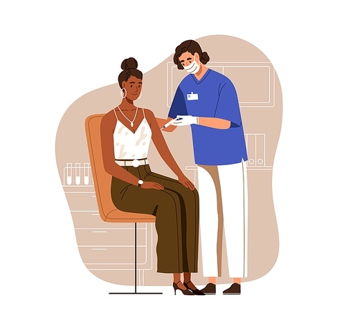 Nurse vaccinating black-skinned woman with anti-covid vaccine injection. Adult patient vaccination for protection from viruses. Colored flat vector illustration isolated on white .