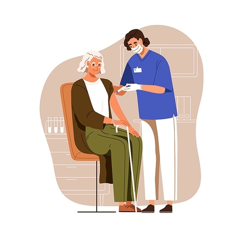 Nurse with syringe vaccinating aged person with anti-virus vaccine injection in hospital. Vaccination of senior woman. Colored flat vector illustration of elderly patient isolated on white .